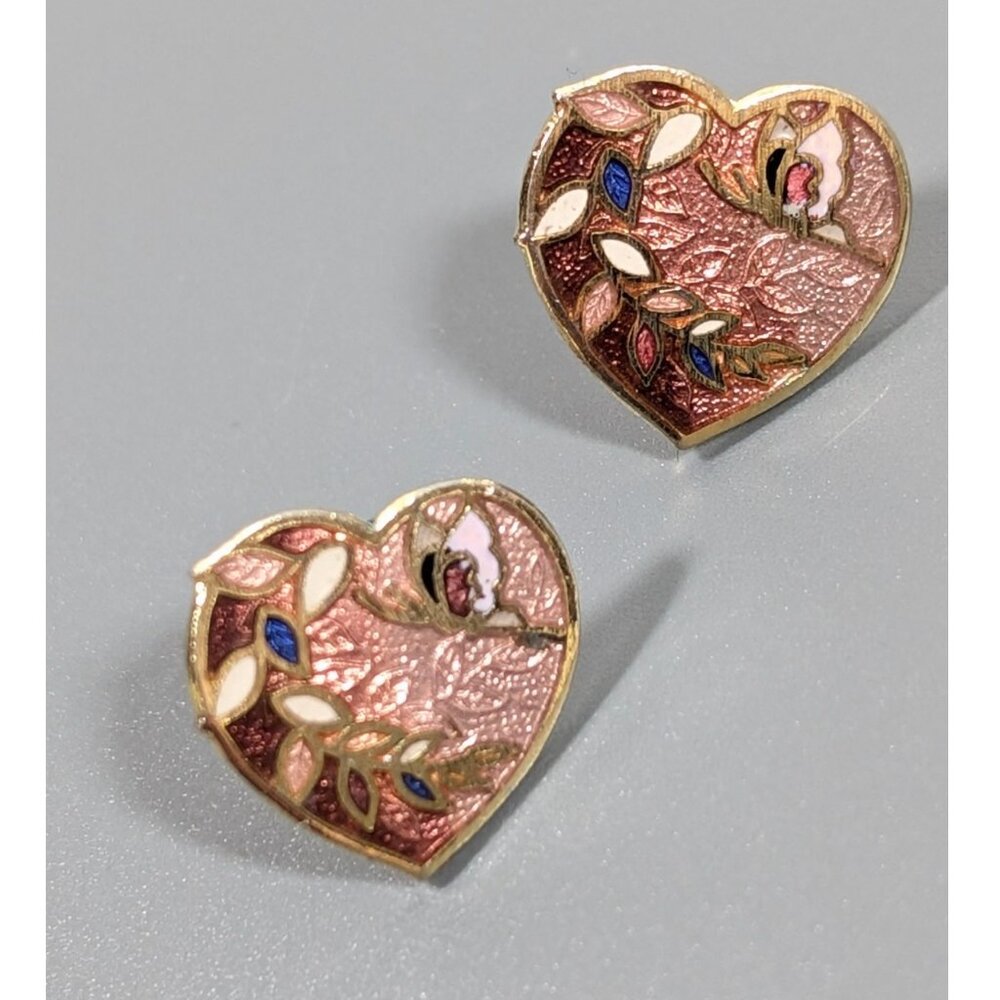 Vintage Pink Cloisonne Heart‎ Butterfly Pierced Earrings Gold tone